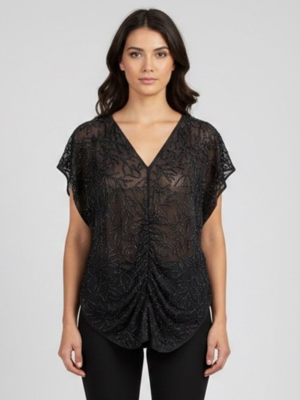 Vintage Black Beaded Silk Chiffon Sleeveless V-Neck Tunic Top w/ Ruching - M / L